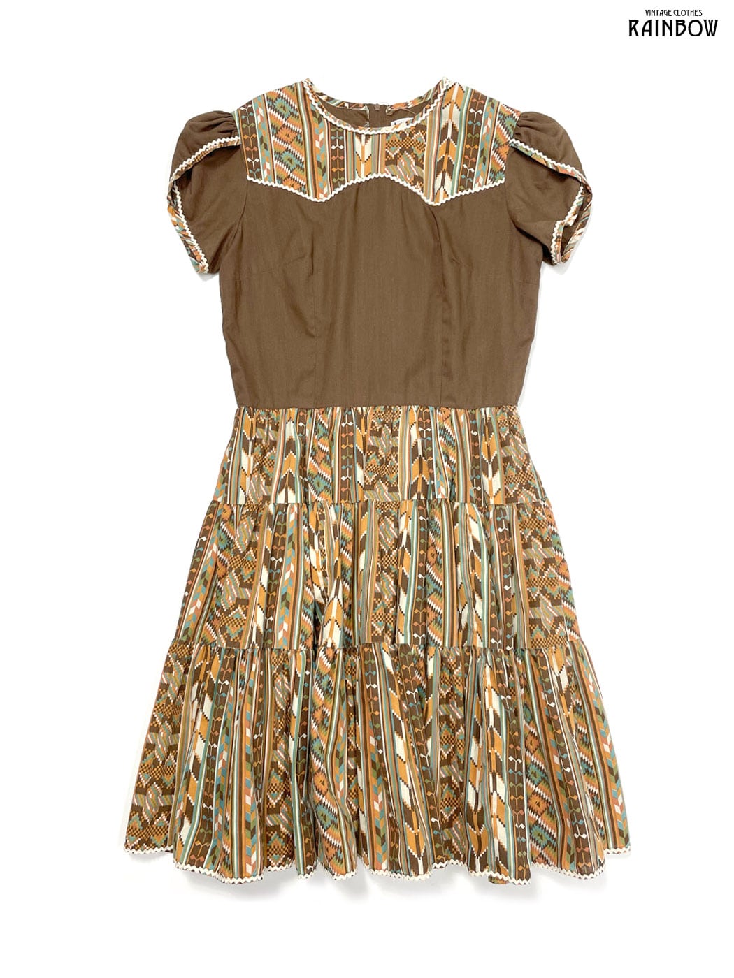 古着 カラフル 柄 ワンピース 半袖 レディース 古着 70s カラフル