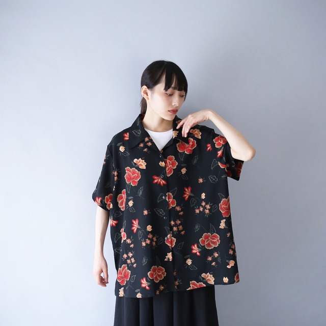 "花柄" black base red flower pattern box silhouette h/s shirt