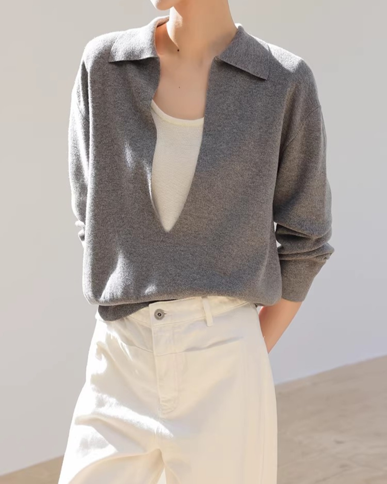 Open Collar Long Sleeve Knit Polo Shirt    L0041