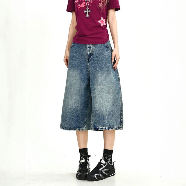スターモチーフワイドラインクロップドデニムパンツ 1col   R02027