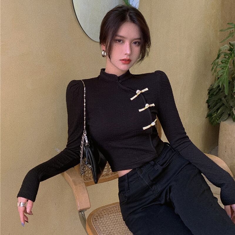 スタンダードカラーシャツ レディースオータムウィンターショートブラックスリムトップス ロング レトロ 秋物 冬物 ブラックストロベリース40554268705