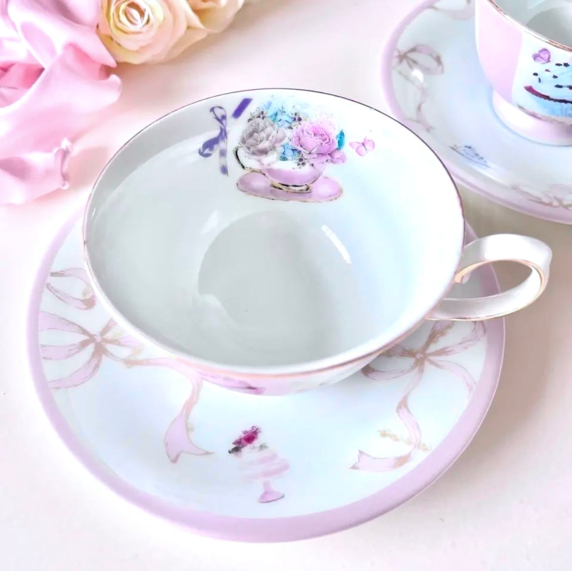2種】花うさぎさんのかわいいティーカップアンドソーサー コーヒー