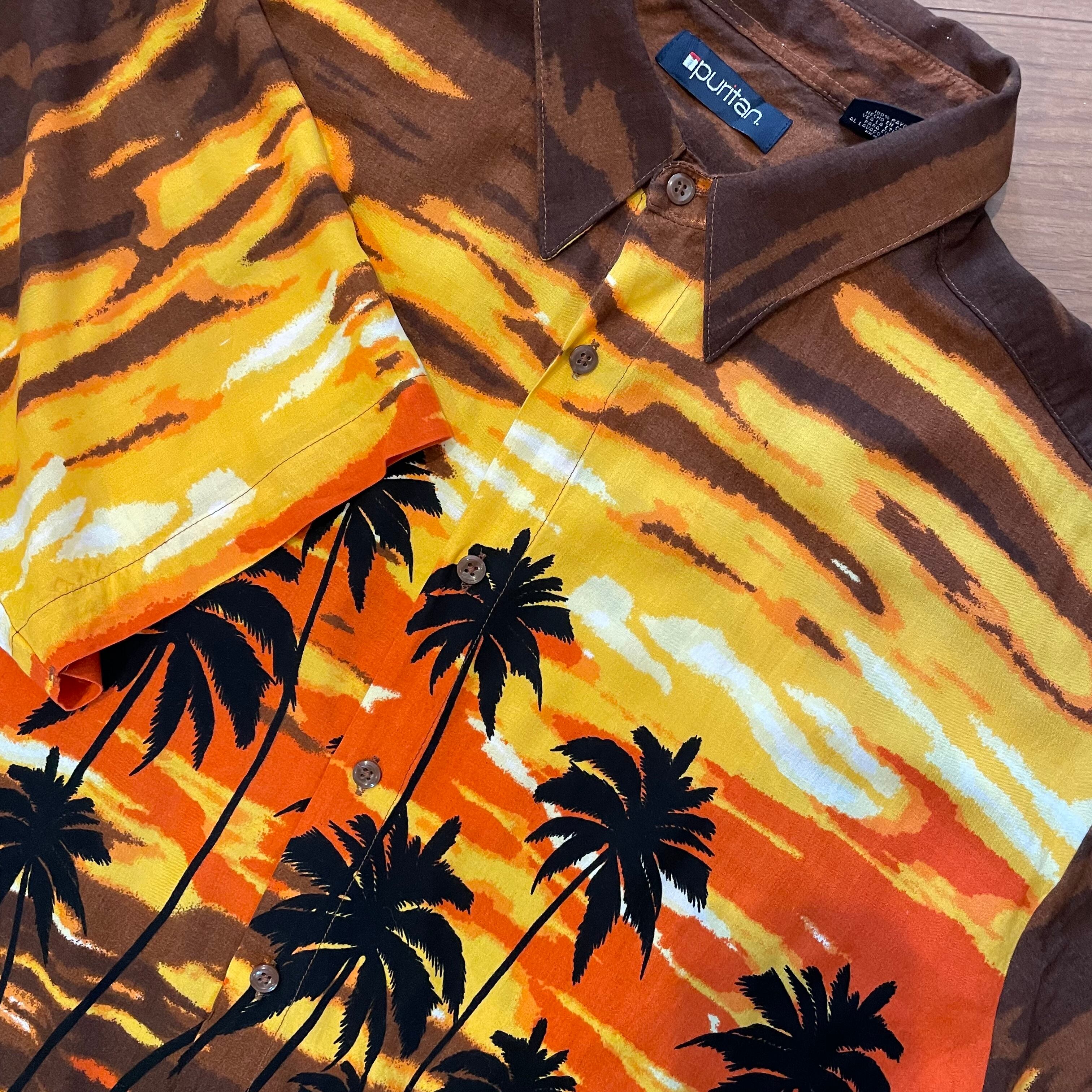 PUIRTAN】アロハシャツ 総柄 半袖 夕焼け 椰子の木 レーヨン100% XL