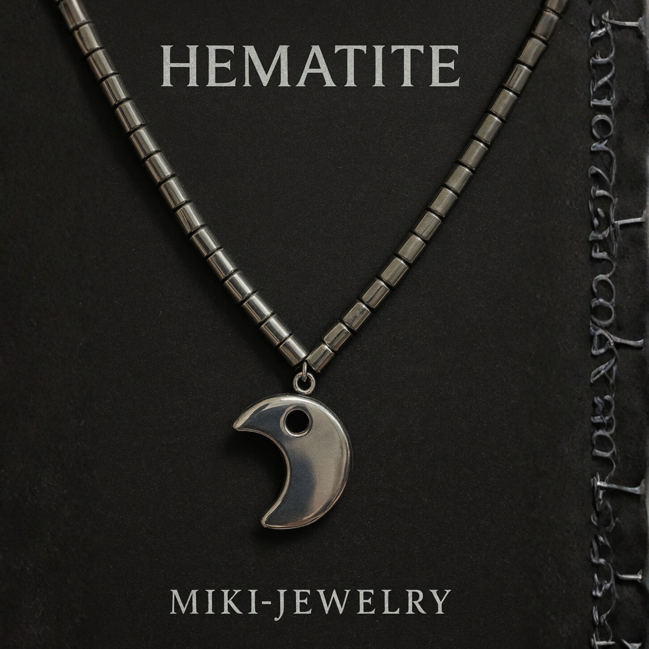 Midnight Crystal Moon 月光がそっと導く、静かな決意の石 MIKI-JEWELRY ムーンヘマタイトネックレス|ムーン10mm/40cm Hematite “Midnight Moon” Necklace