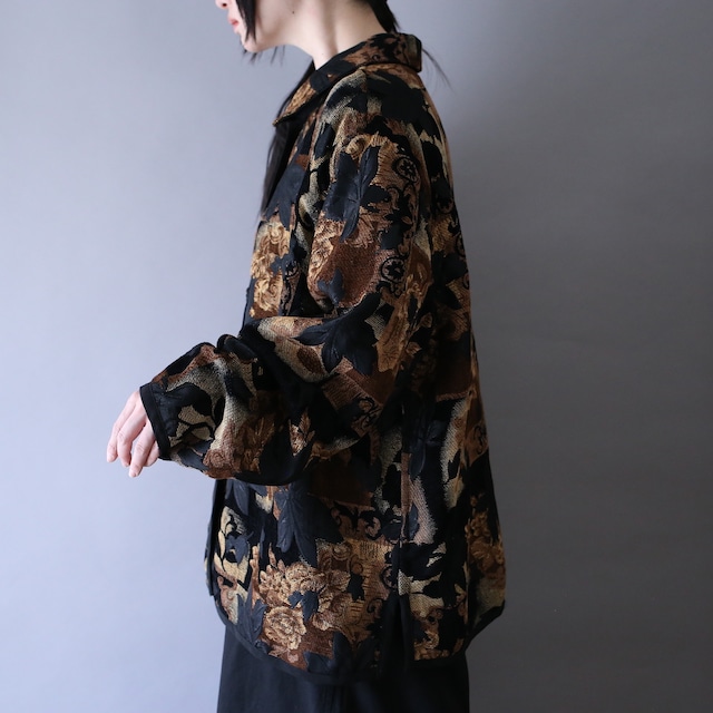 "reversible" over silhouette flower and leaf pattern chenille fabric jacket