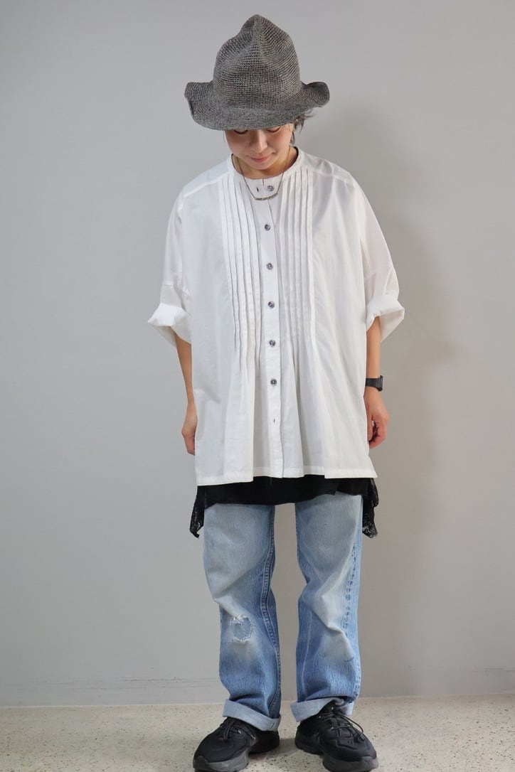 NEW!キャンブリック製品洗いピンタックノーカラーブラウス【12604-493-20】2026SS