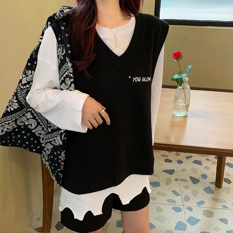 スーツ女性2020年秋新バージョンルーズノースリーブニットベストベスト+イレギュラーホワイトTシャツ クレセントシティ97529121583