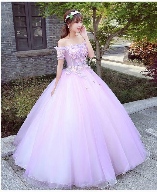 カラードレス ピンク紫 ソフトチュール オフショル プリンセスライン  