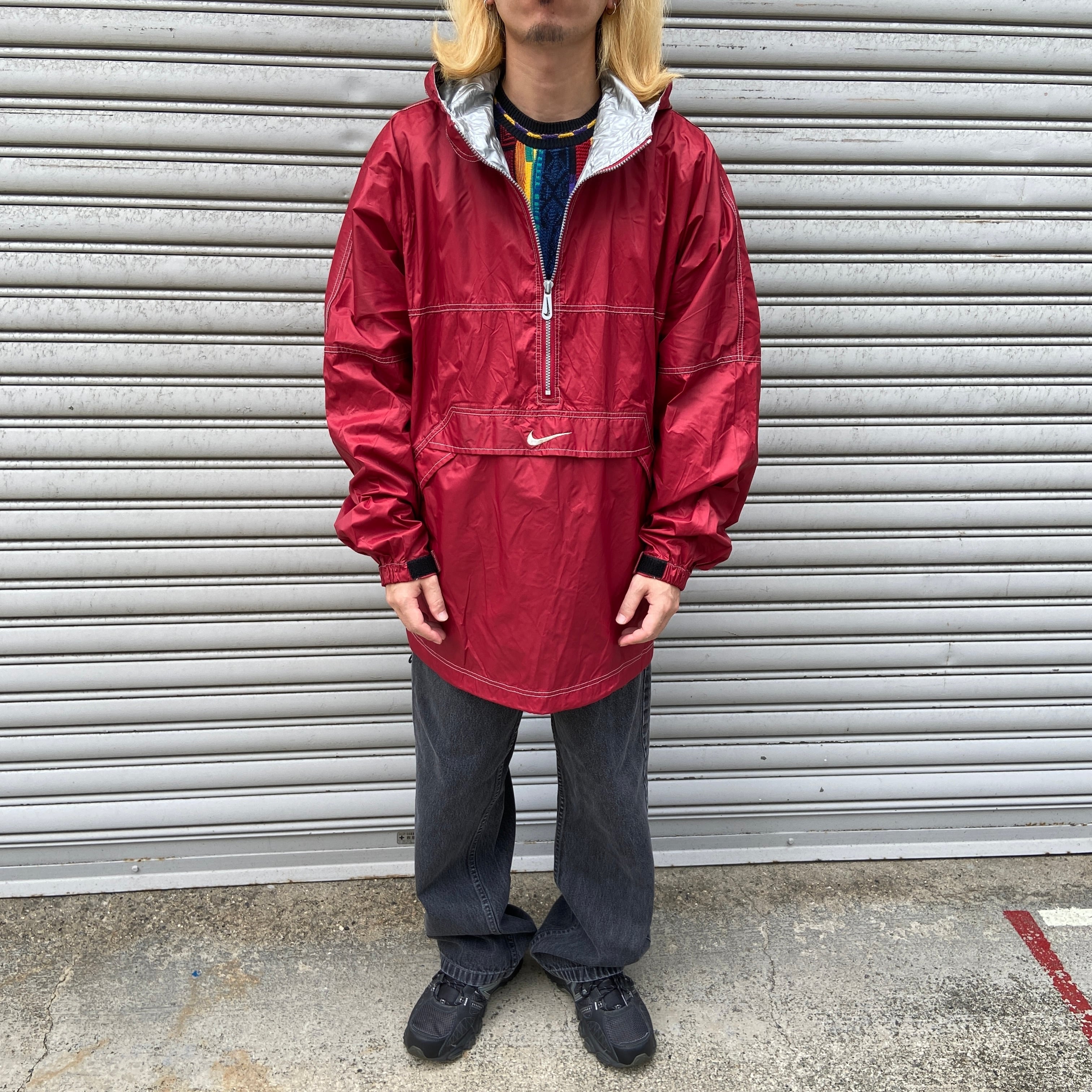 90s NIKE ナイキ ナイロンアノラックパーカー ビッグロゴ レッド L 