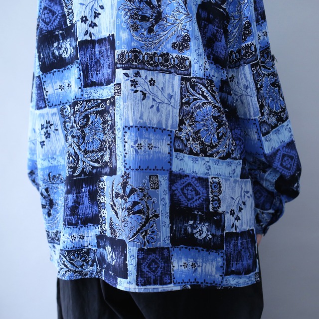 beautiful blue flower pattern loose silhouette open collar shirt