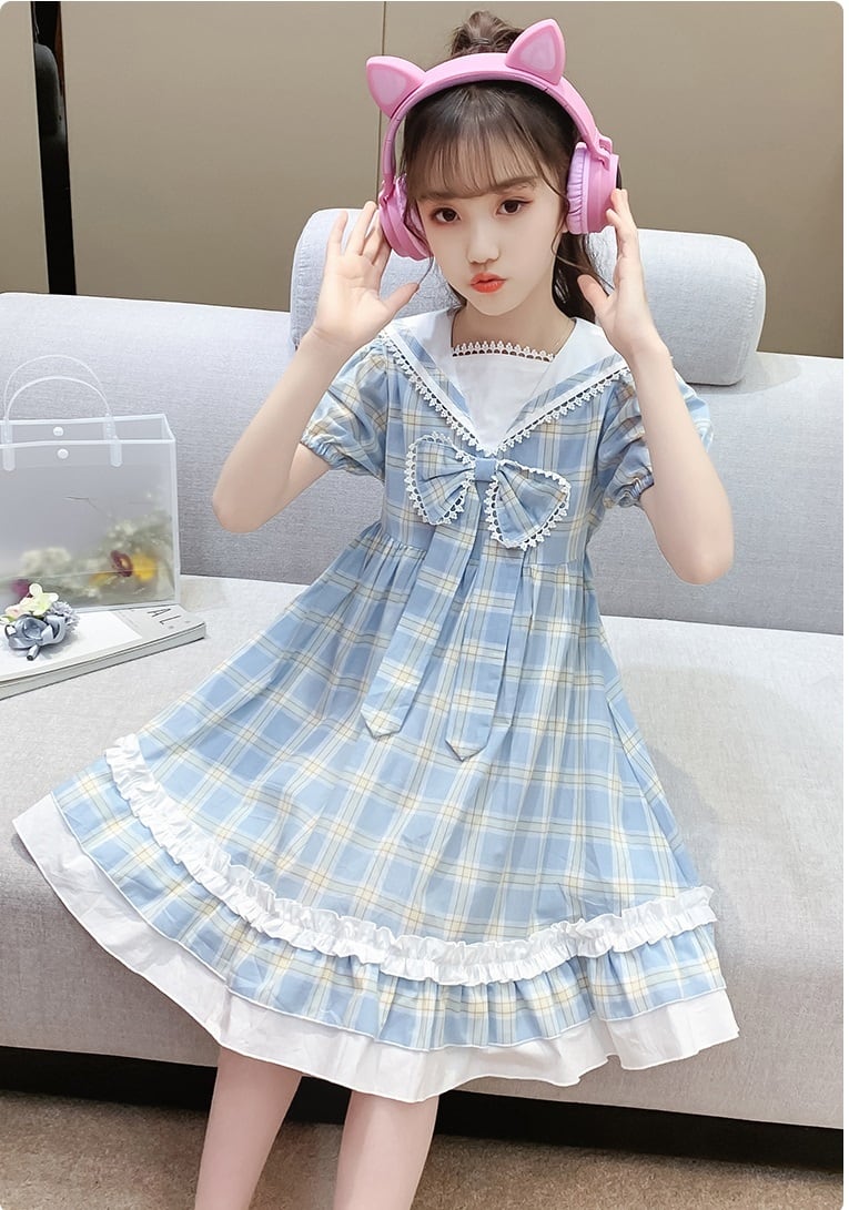 女の子おしゃれ 子供服 セーラーカラー チェックフリルワンピース ブルー ピンク ぽわん袖 女の子 小学生 ひざ丈 花柄 華やか 春夏 キッズ半袖 きれいめ 韓国レディース キッズファッション Londonbridge ロンドンブリッジ