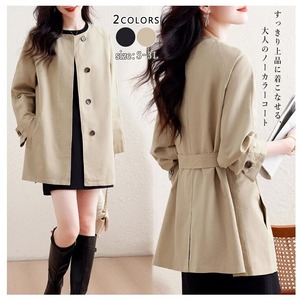 トレンチコート ノーカラー レディース 2色 S-3L フスプリングコート ライトアウター オフィス きれいめ 26LT195