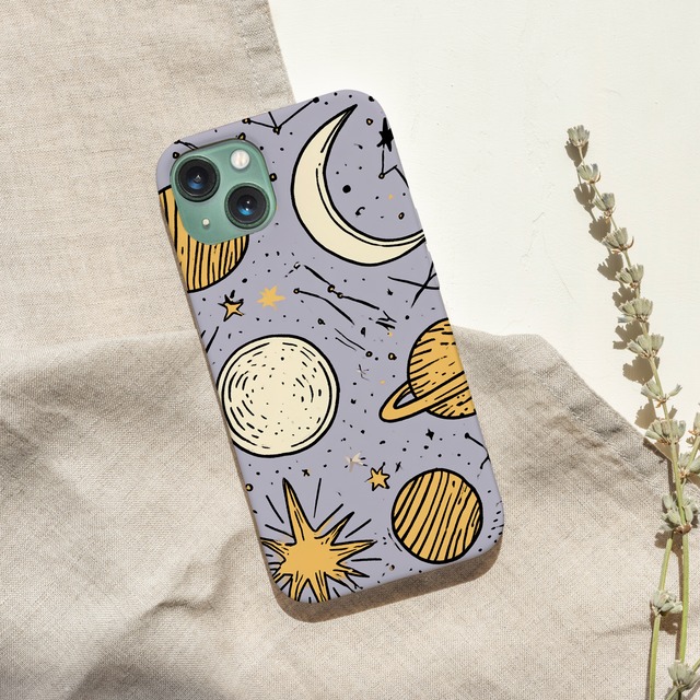 受注生産 iPhoneケース ラベンダー背景の月相星空柄｜星空柄 STAR068C