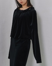 RITSUKO KARITA - Sheer Velour Gather Tops〔plain〕 :Black|透けベロア/ネックギャザー