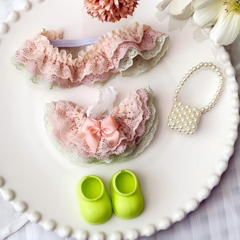 ちびくま工房　バニーラブ　15センチ バラのワンピ　リボン刺繍 crababy/labubu1-3代用 リボンレース ワンピース+ ヘアバンド+靴+