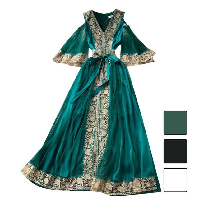 刺繍レース切替Vネックフレアワンピース 3color L2176