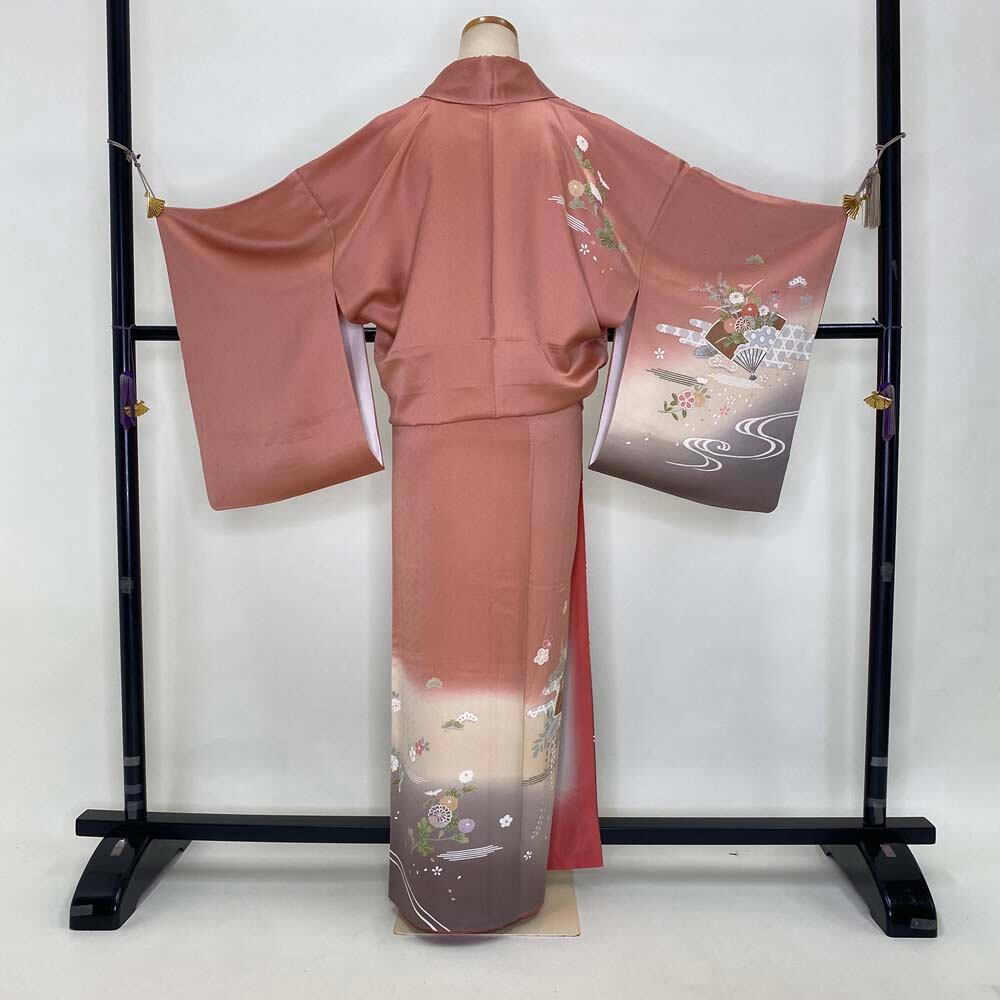 付け下げ 訪問着 中古 オレンジ ピンク 裄丈65.8cm 身丈163.6cm 結婚式  