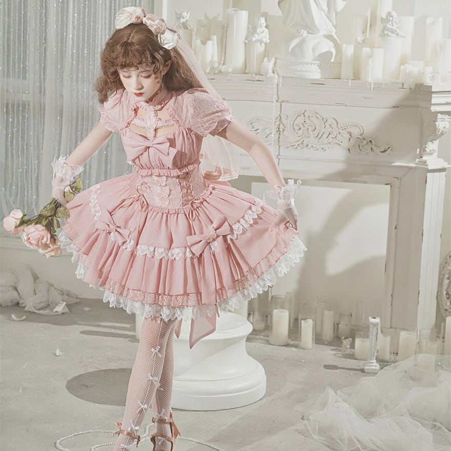 SEASONZ 夢かわいい 甘ロリ ドレス ワンピース ピンク 半袖 レース