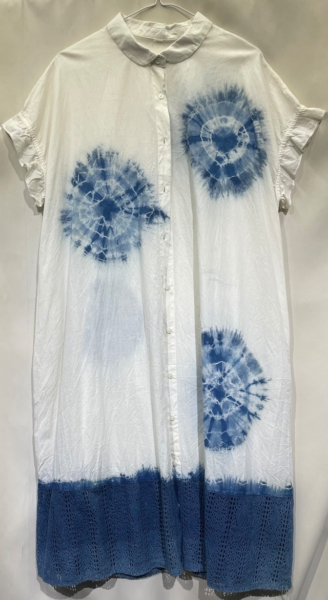 藍染前あきワンピース／フレンチ袖/綿麻混/F[aiw603-139]送料無料