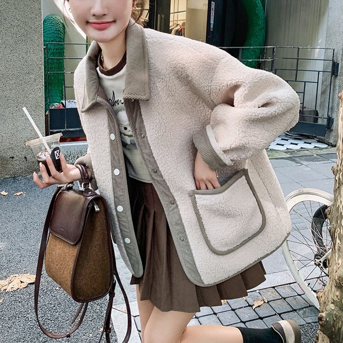 襟付きボアジャケット コーデュロイ襟付きジャケット レディース