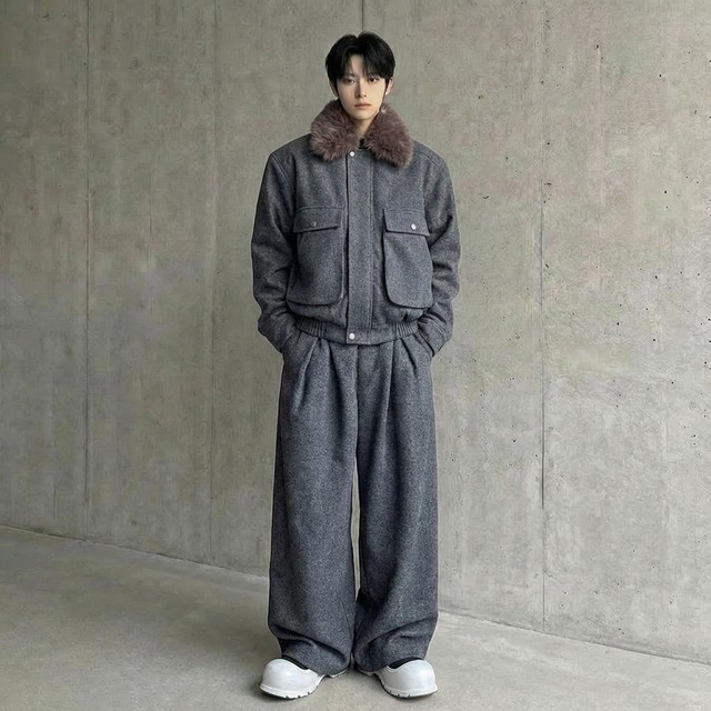 ミリタリーモードファーカラーブルゾン&ワイドパンツセットアップ 2カラー D12093