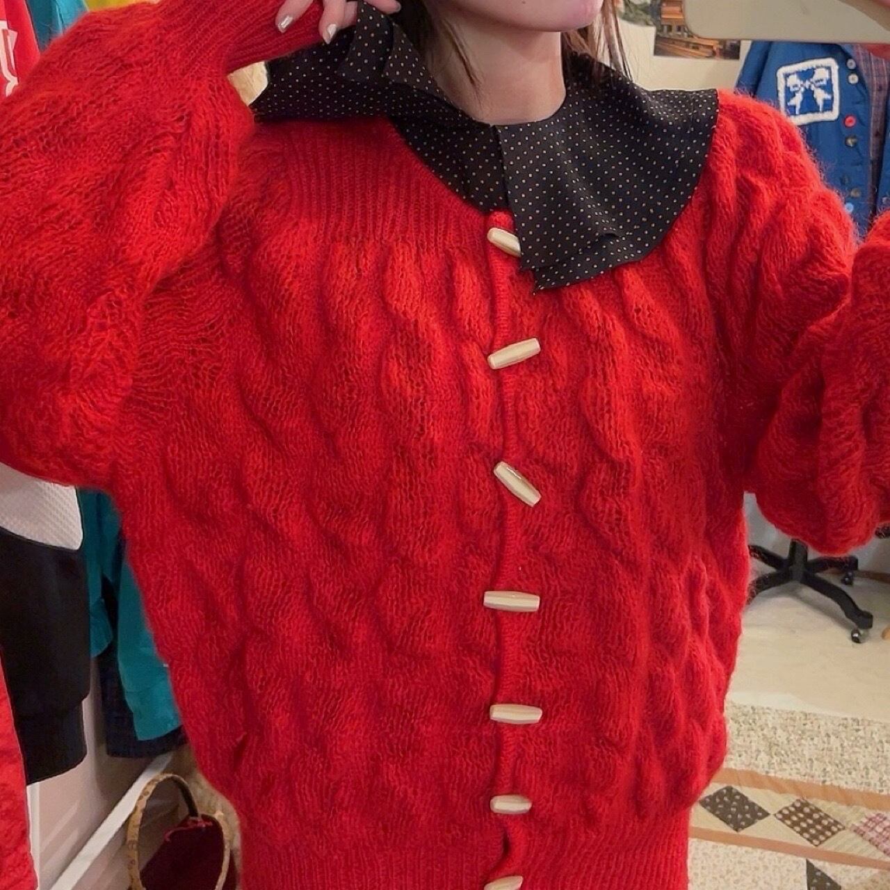toggle button red cable knit cardigan