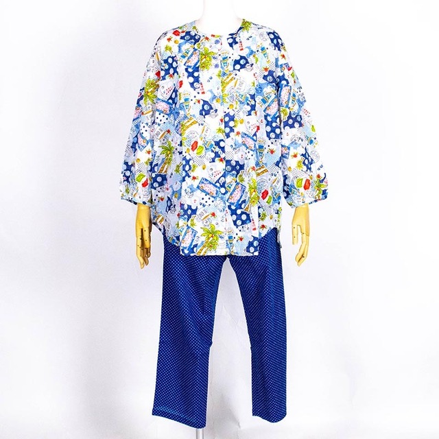 【セール】パジャマ　TUNIC　８０シルキーローンサッカー・水玉パーム　長袖全開パジャマ　フリーサイズ　ブルー　AWS-26090-A