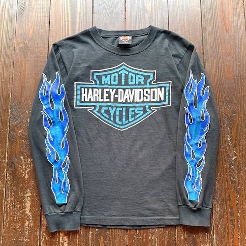 ⭐︎SPECIAL⭐︎ 90's HARLEY-DAVIDSON -BLUE FIRE × EMBLEM - Topeka.Kansas Dealer Long Sleeve T-Shirt 〈MADE IN U.S.A 〉 / Size X-LARGE