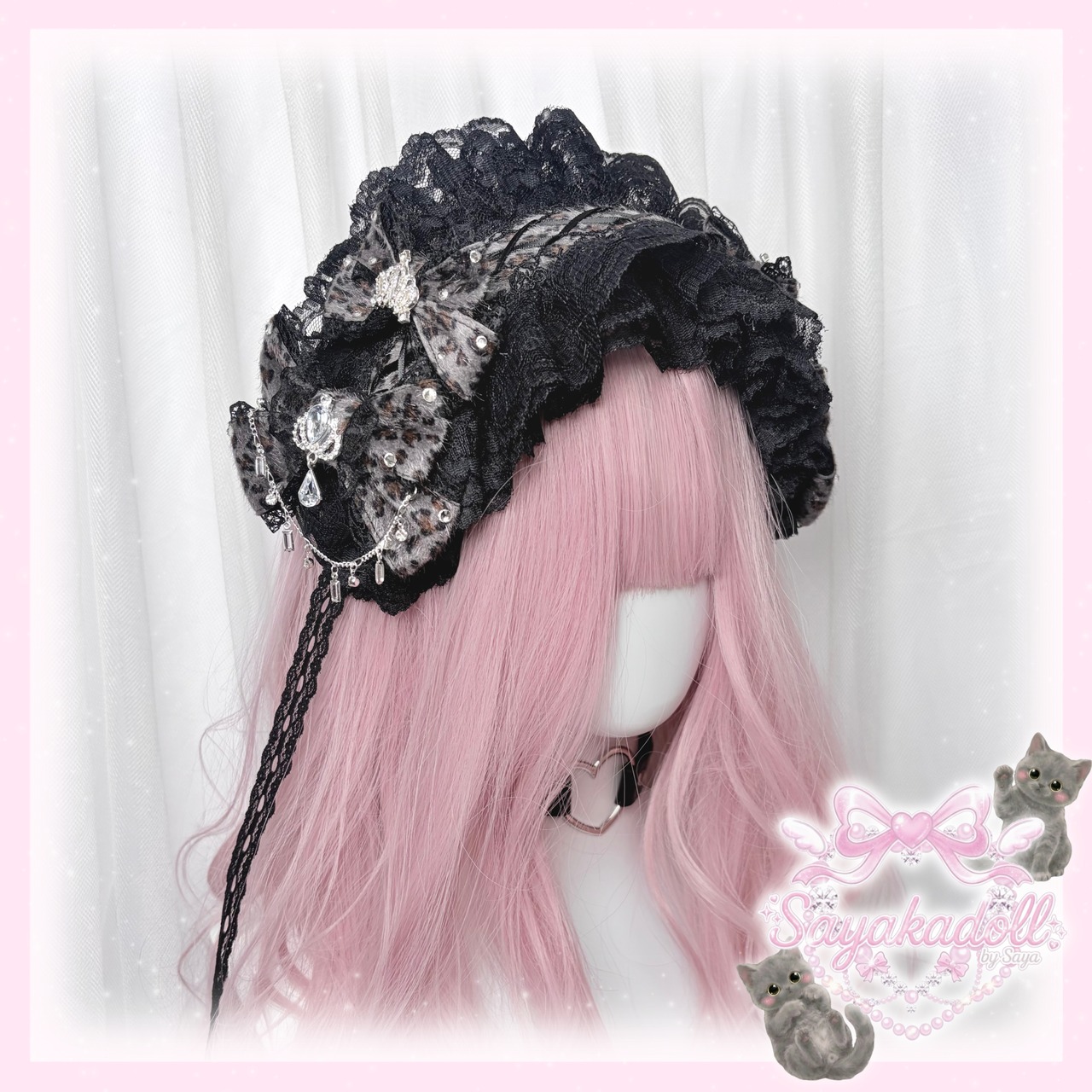 ♡【受注生産】No.9 姫ギャル 小悪魔レオパード ヒョウ柄 ビジューティアラ＆編み上げダブルリボン ブラックレースヘッドドレス dark gray ♡