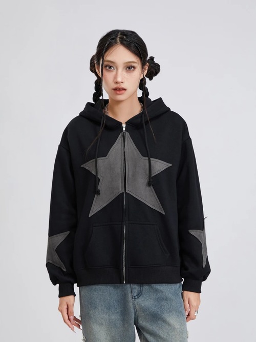 女性用長袖フード付きジャケット,ルーズフィット,ストリートウェア,ファッショナブル,プリント,スター,ジッパー付き,フード付き,美的,原宿 パーカー ジャージ ｙ２ｋ T240908203928_02