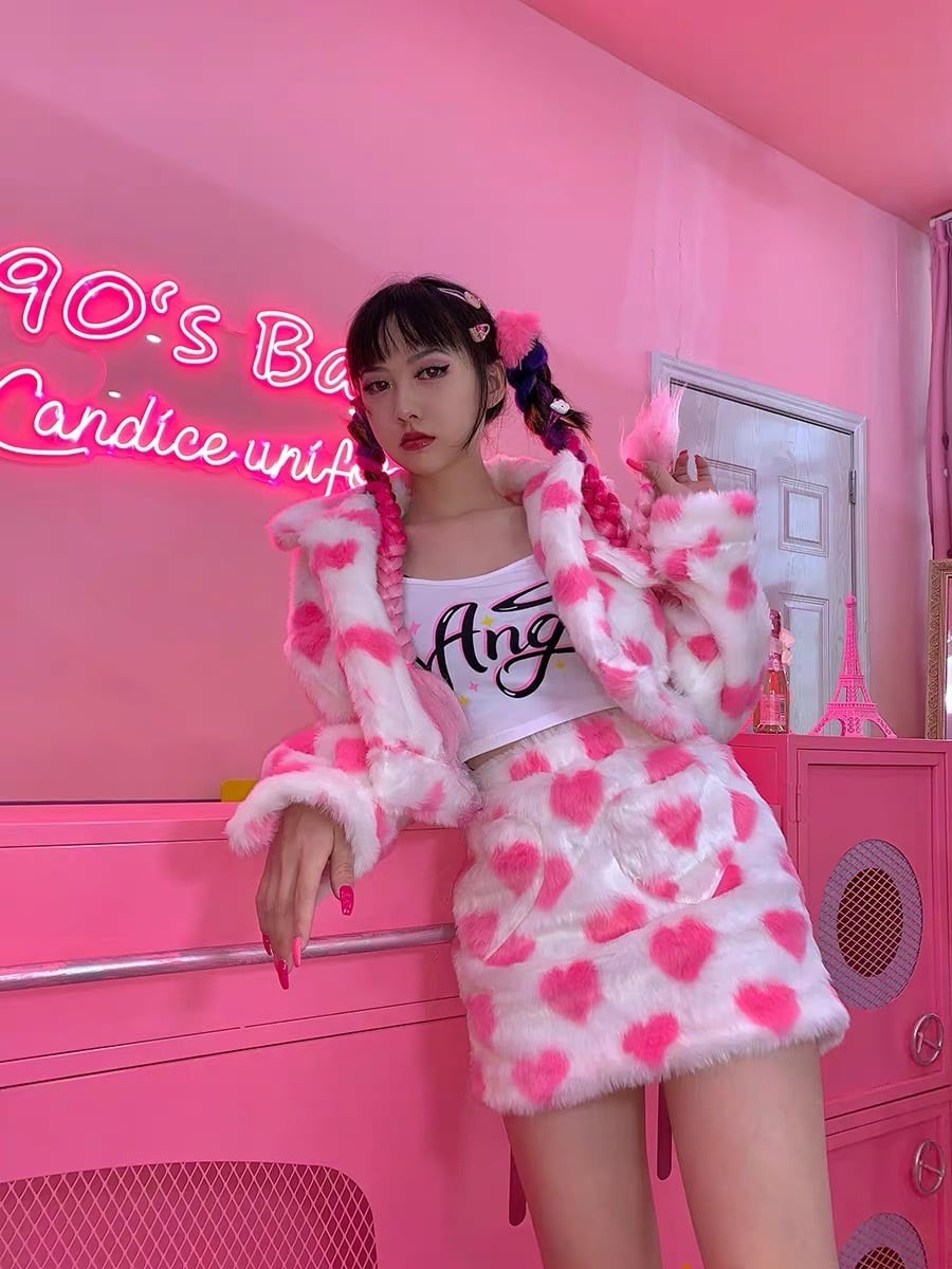 白ピンク】セットアップ ジャケット スカート フリース ルーズソックス