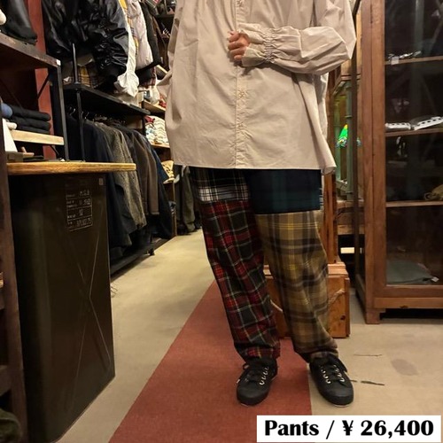 homspun Wool Tartan Multi-Gathered Pants, Tartan Check, Long Bottoms, Tapered, Made in Japan