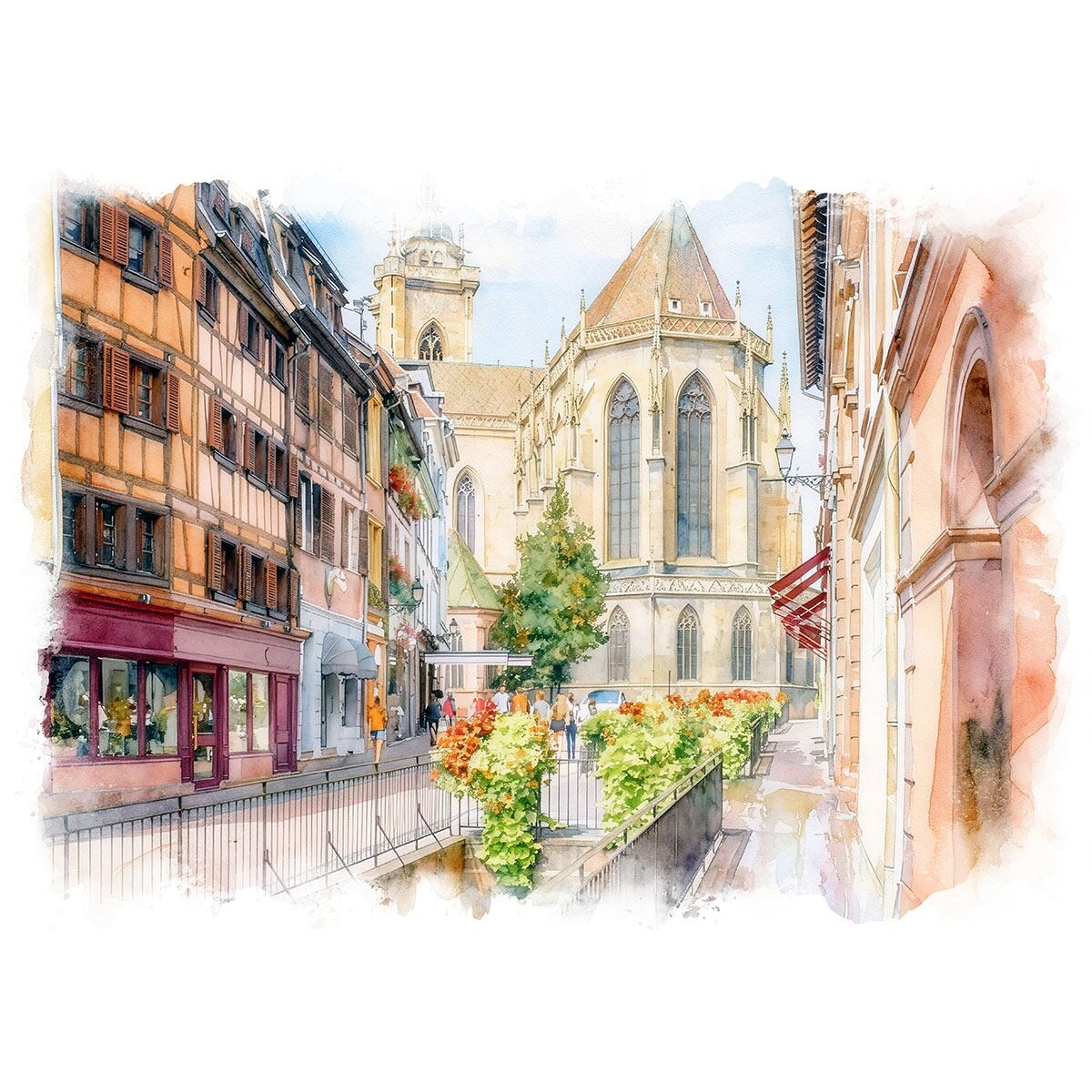 絵画 風景画(街並み) フランスのコルマール旧市街 インテリアアート額付き 水彩画・油絵風 WAT1613