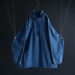 over silhouette 2 pocket design blue denim half zip-up pullover