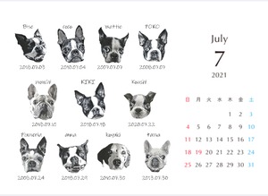【白黒似顔絵風】うちの子カレンダー　２Ｌサイズ　※画像は2021年のものになります