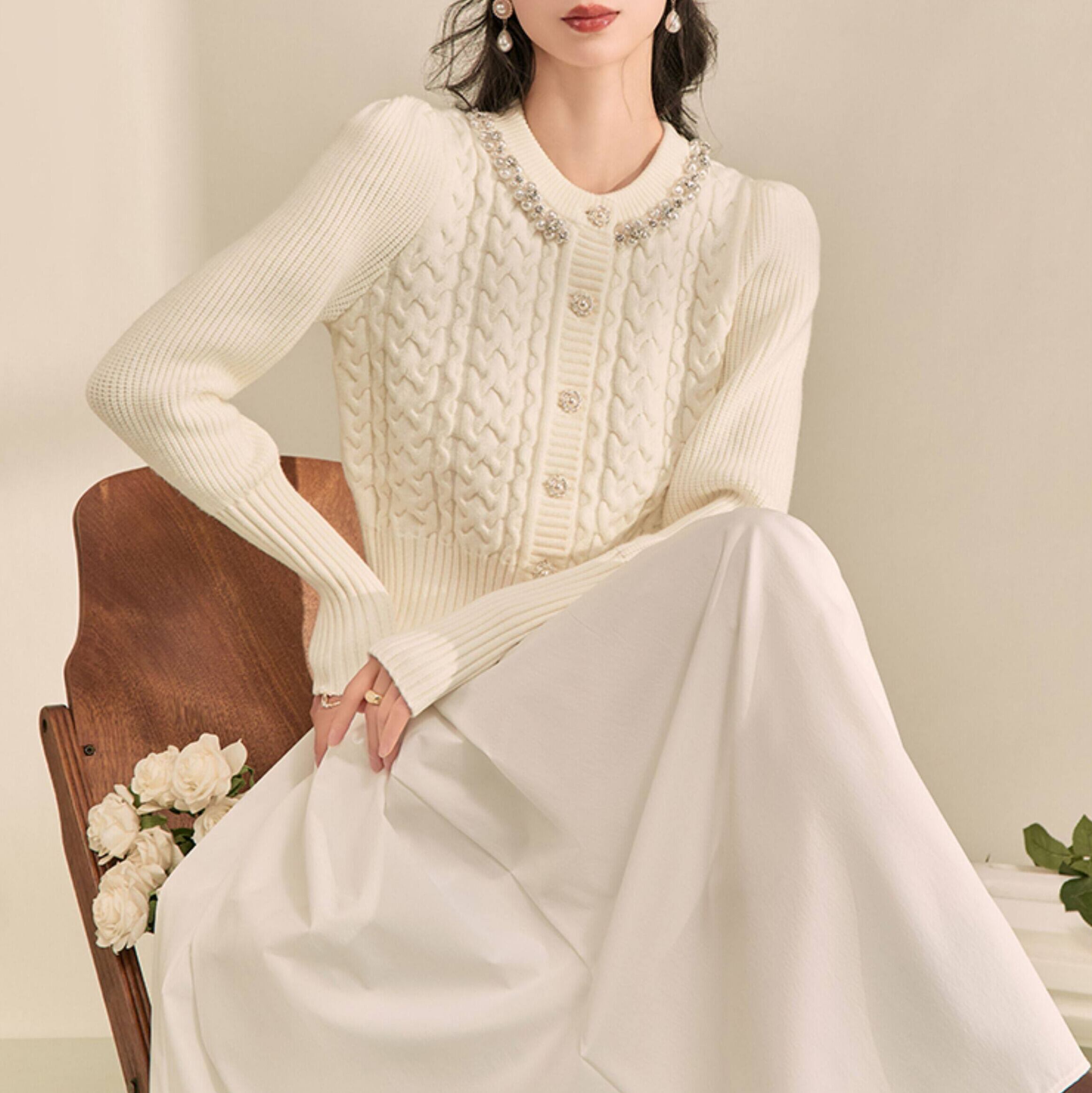 パールトリム クロップド ニットカーディガン 1col H11148