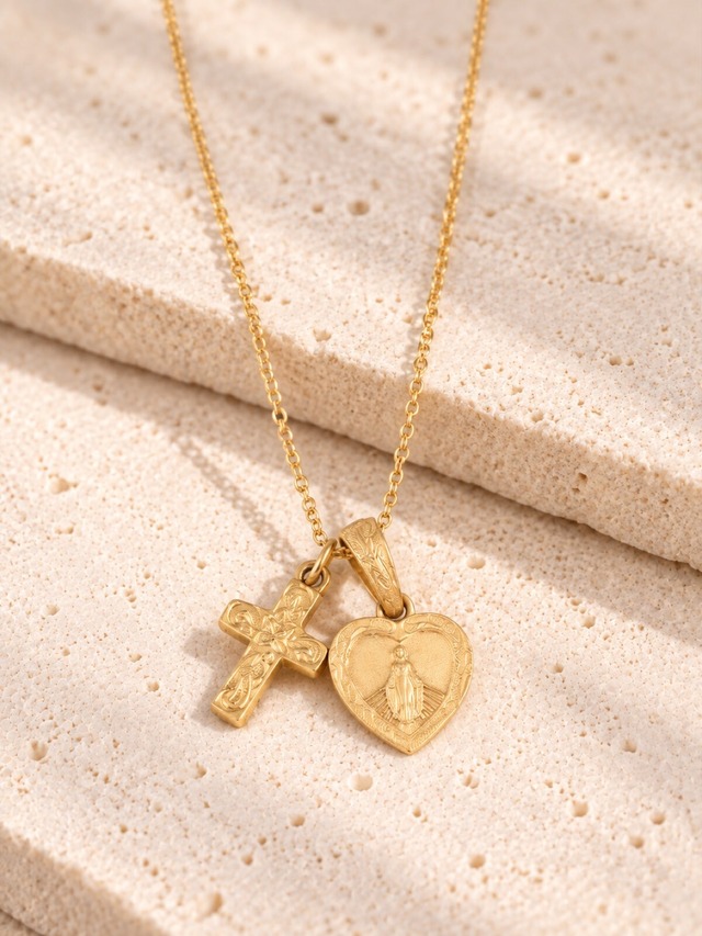 316L hawaiian heart medai & cross necklace  #n77