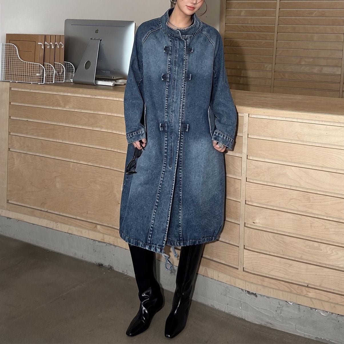 RELAXED STAND COLLAR ZIPPERED LONG COAT M-18579
