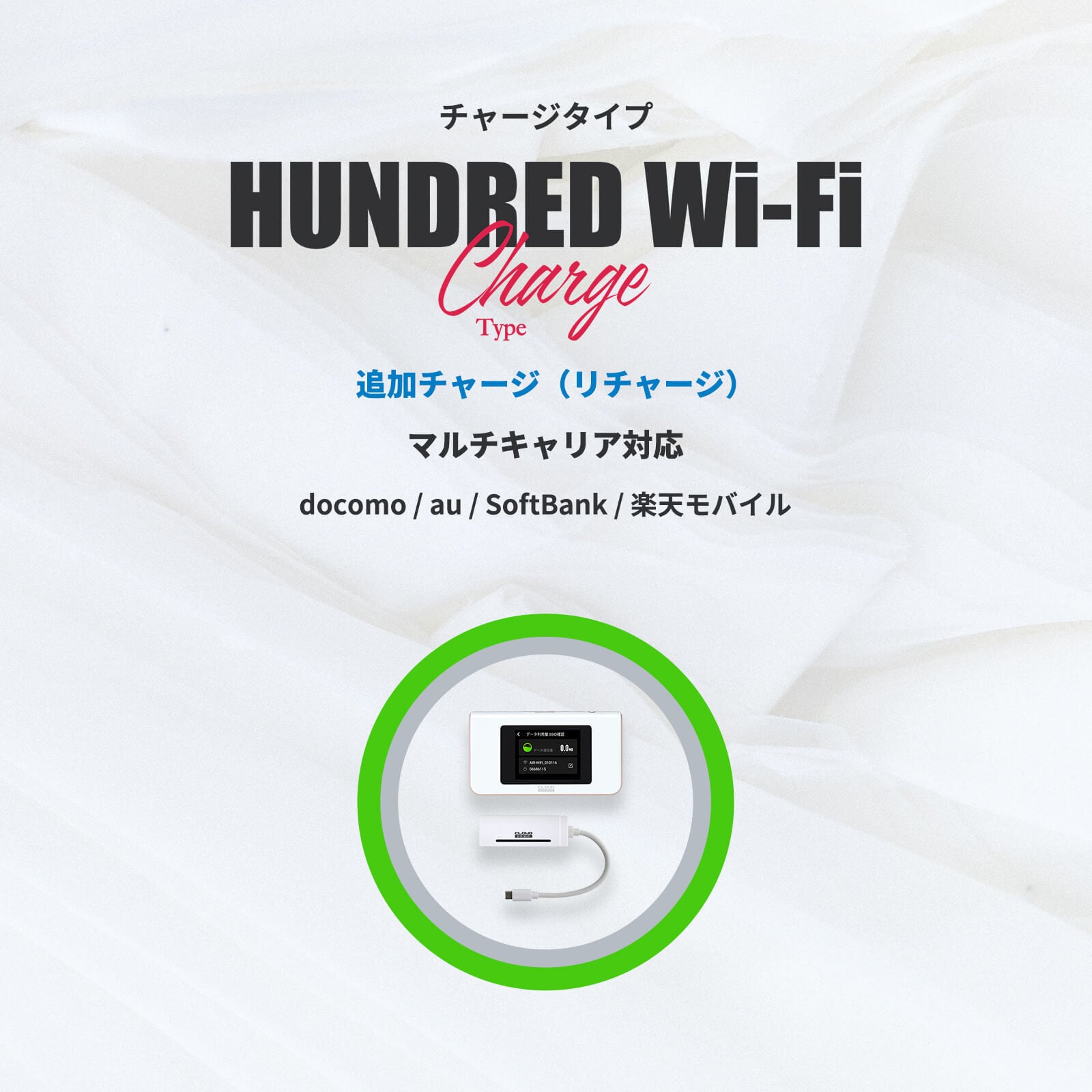 リユース品 / 国内ギガ(95GB)+ モバイルルーター(HUNDRED Wi-Fi チャージ Type 本体)