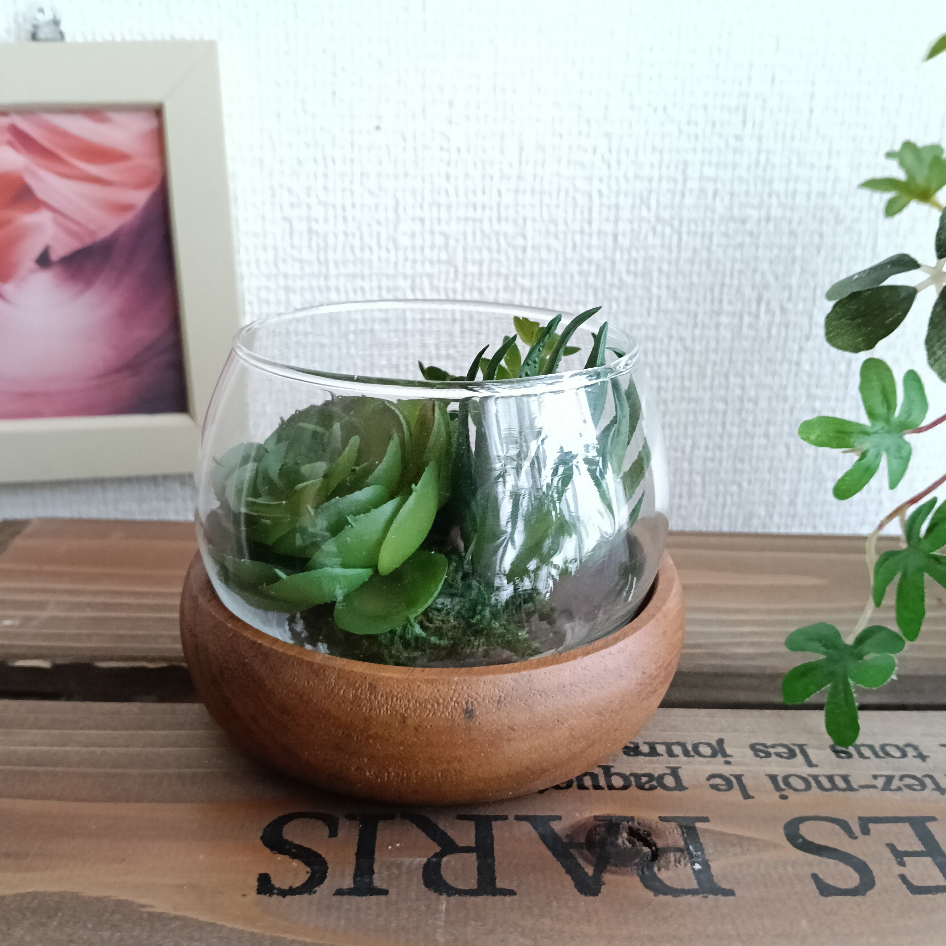 アウトレット品】ガラスに入ったフェイク多肉寄せ植え インテリア