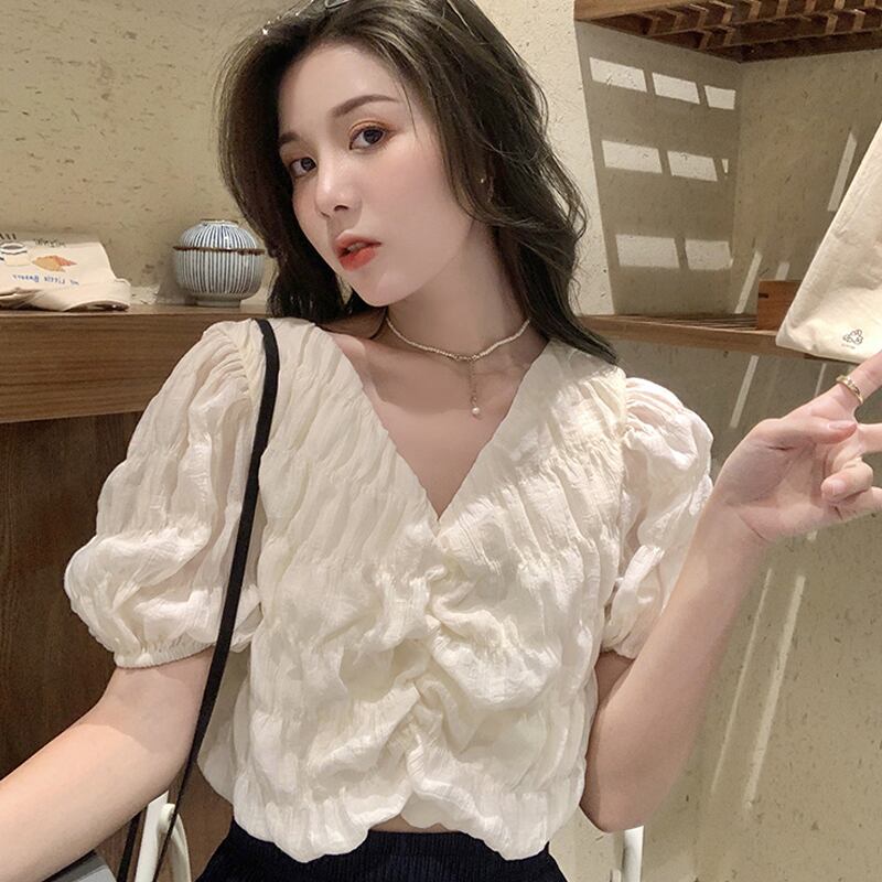 スタイルショートトップス レディースサマーVネックスリーブシャツ 夏物 試着室3123544106
