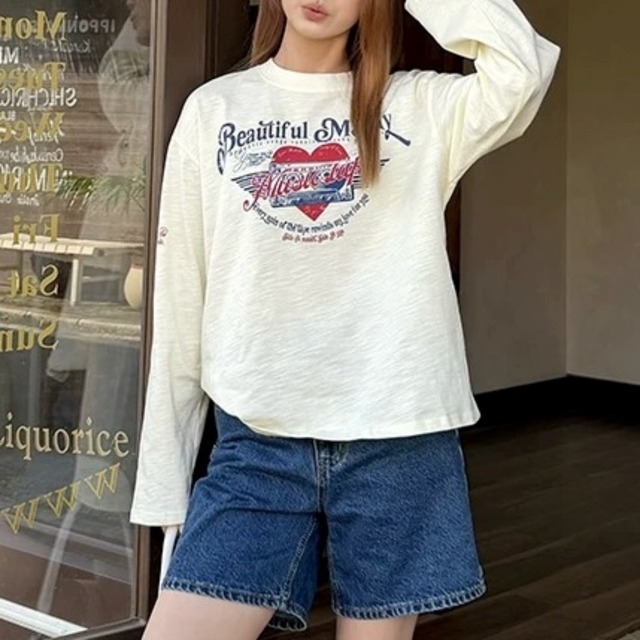 カレッジロゴハートグラフィックロングTシャツ 1col R02713