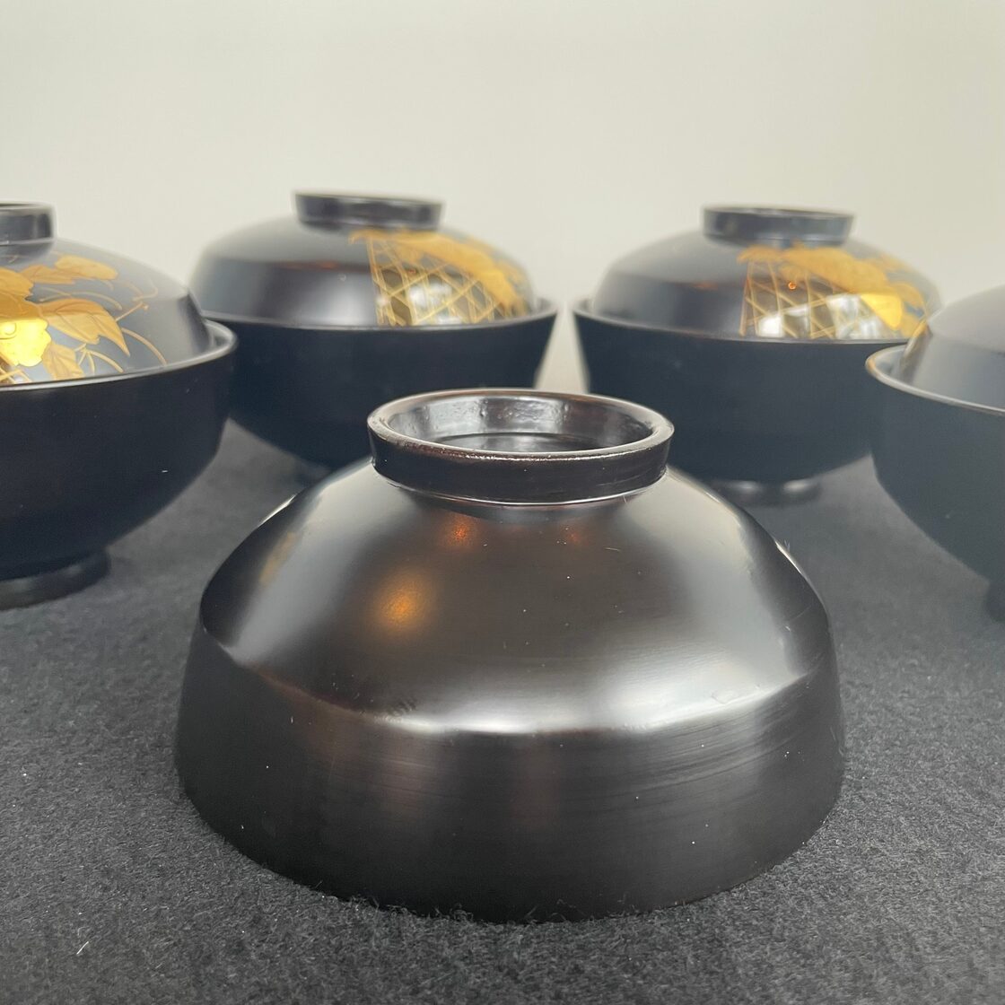 Japan Vintage 吸物椀 雑煮 5客揃 黒 漆 花籠 蝶 金彩 本金みがき 蒔絵 