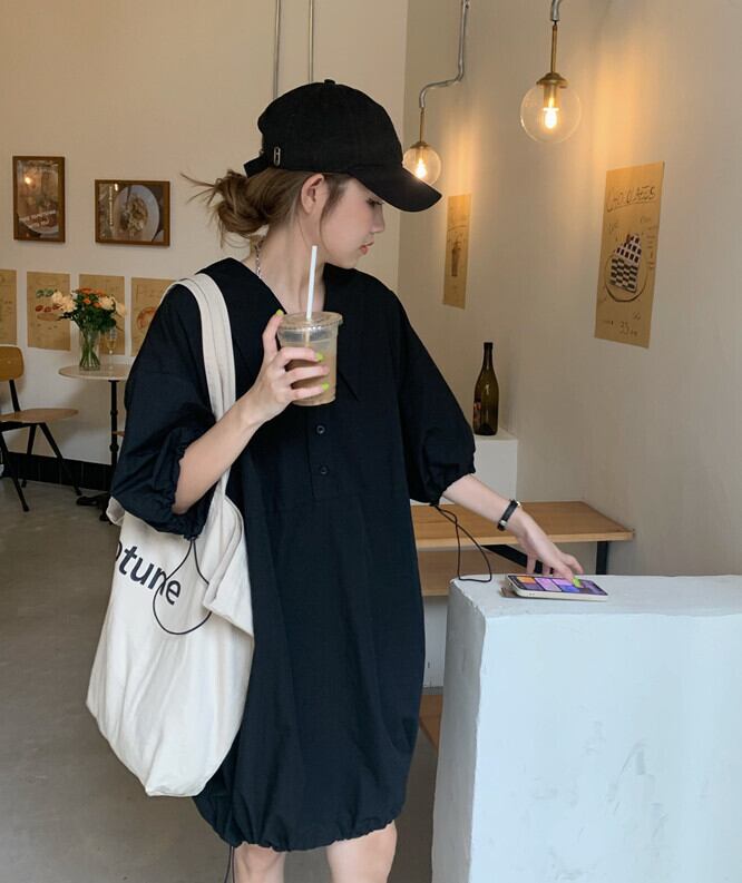 ブラックカラールーズシャツ ドレス サマーショートスカート ストリート 夏物 モンロー10662198879