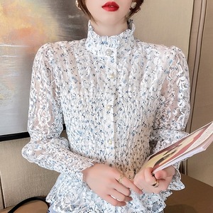 トップス レディース 送料無料 2色 ブラウス シャツ レース シャーリング プリーツ パールボタン シースルー 透け感 ハイネック スタンドカラー 大きいサイズ サイズ豊富 S M L XL 薄手 プリント 黒 ブラック かわいい 大人女子 きれいめ 大人 上品 お洒落 おしゃれ クール こなれ感 ルーズ ゆったり ゆる 着回し 普段使い コーデ ファッション 体型カバー 楽ちん デート お出かけ 休日 10代 20代 30代 学生 春 夏 韓国 オルチャン