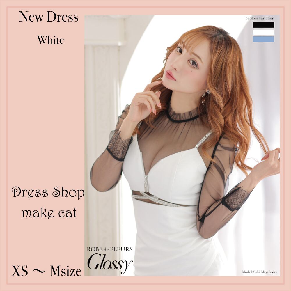 【ROBE de FLEURS Glossy】【即納】チュールスリーブ×ストレッチタイトミニドレス(GL2660)【税込】