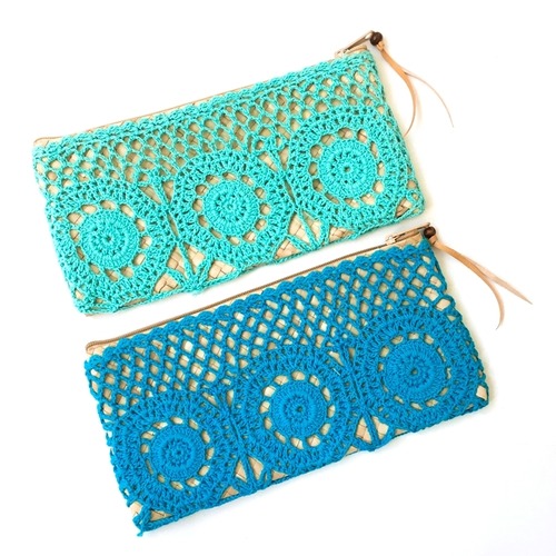 クロッシェレース ボヘミアン クラッチバッグ (ブルー/ライトブルー) ポーチ【バリ直輸入】