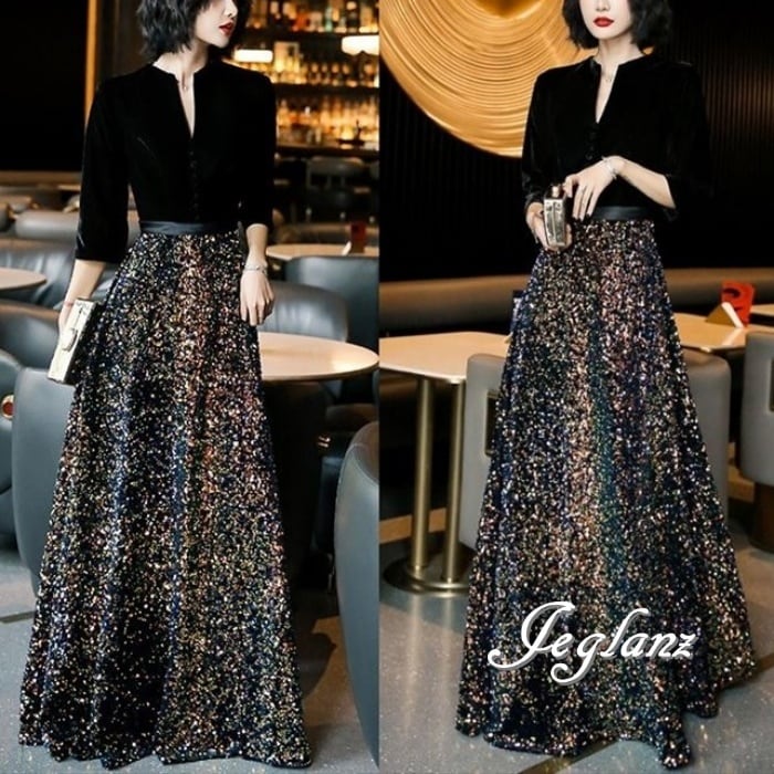 イブニングドレス ベロア調 キーネック 異素材 ミックス キラキラ 光沢感 ♪ (M2030)