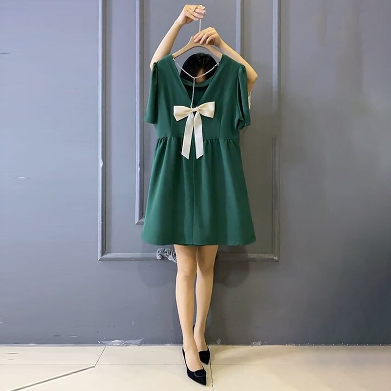 Vネックリボンハイウェストプリーツスタンダードドレス レトロ 大きめサイズ エレガント ミックスインファッション10009423201