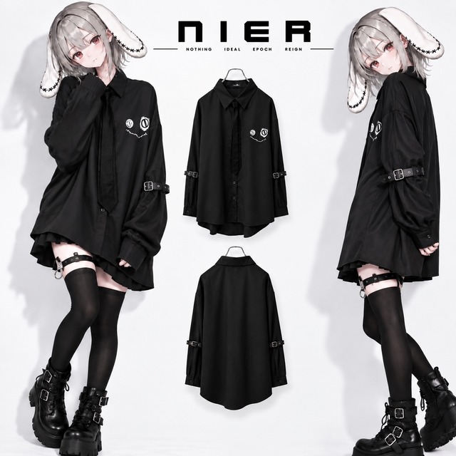 FACEデザイン入りBLACKシャツ【ネクタイ+ベルト装飾付き】